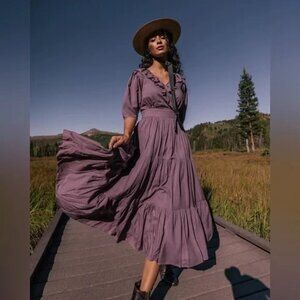 EUC JessaKae Gemma Midi Dress Womens Muave Pink Ruffle Tiered Cottage Boho XXS